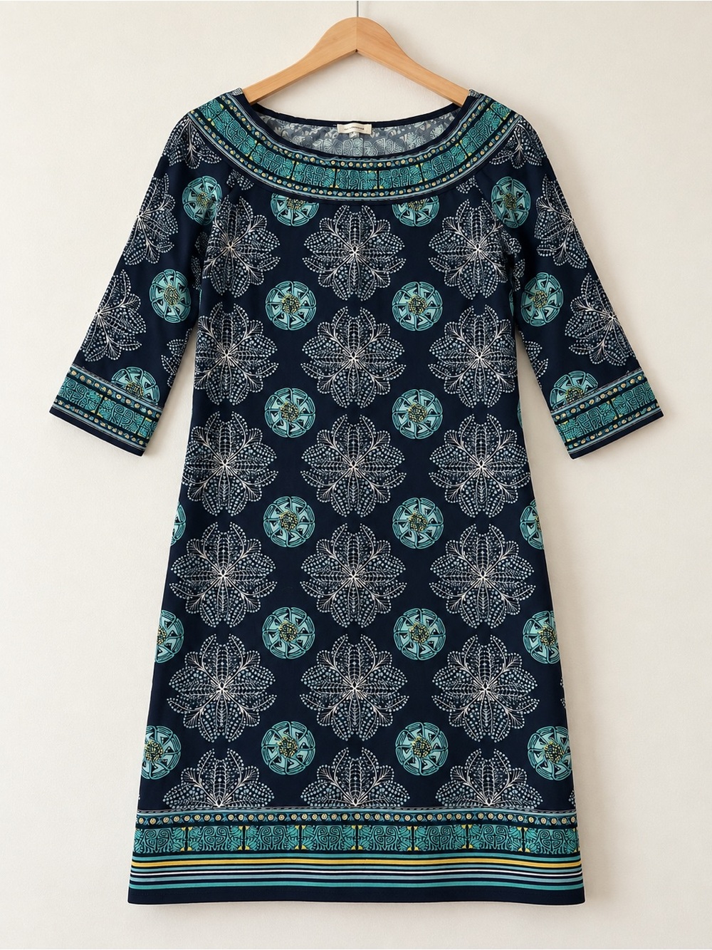 Max Studio Navy Blue Printed Long Sleeve A-Line Dress with Aqua Accents
